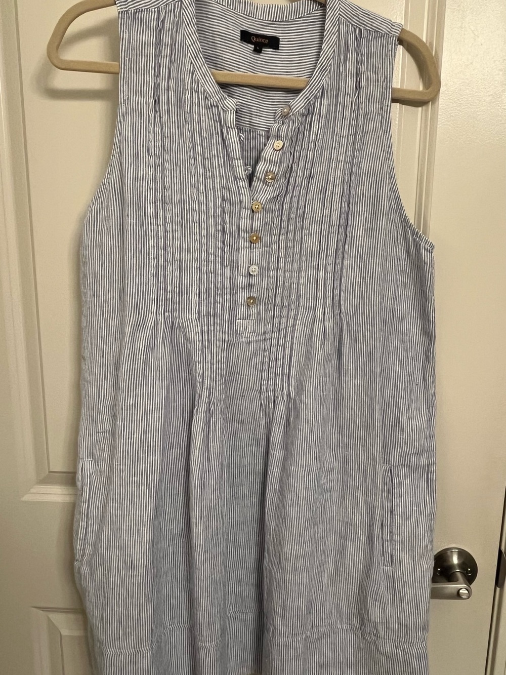 NWOT Quince 100% European linen sleeveless swing dress, blue pinstripe, size L